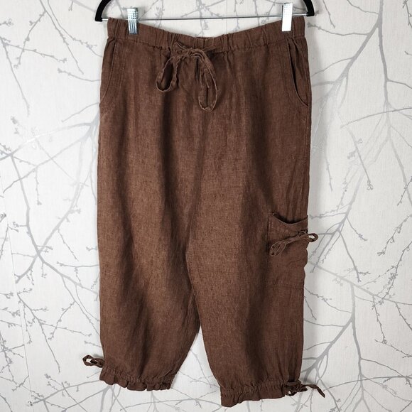 Coldwater Creek Brown 100% Linen Drawstring Baggy Capri - Picture 1 of 7